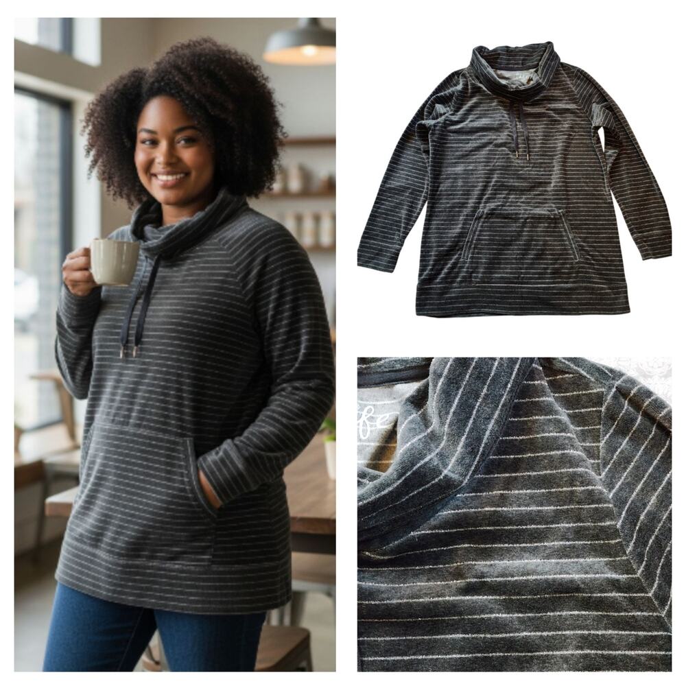 Made For Life Womens Cowl Neck Velour Sweater Size L Gray Silver Striped Tunic
